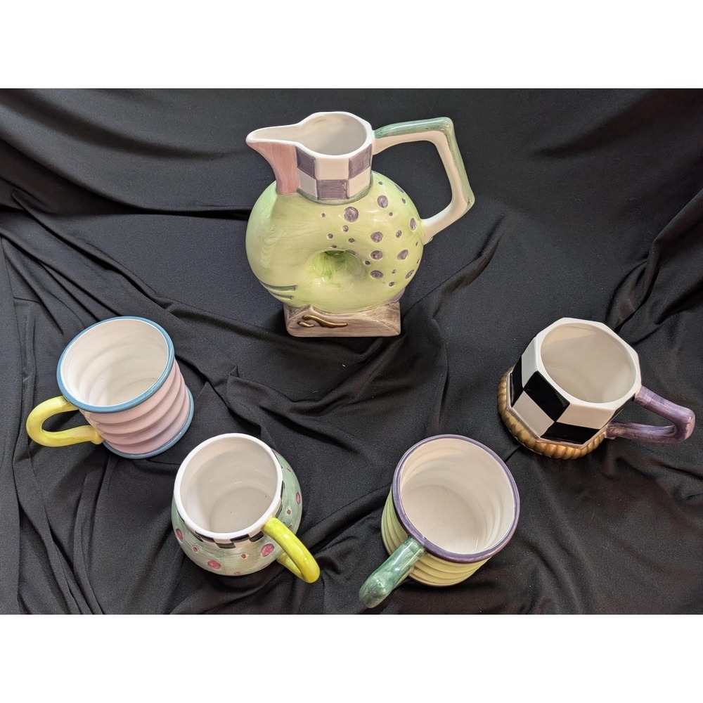 Vintage 1998 CBK Ltd Ceramic Whimsical Tea Set 5 Piece Postmodern Memphis Style - Picture 5 of 7